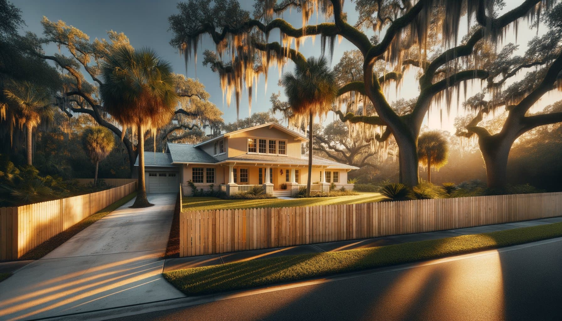 Established Florida ranch home with cap-and-trim wood privacy fence at golden hour, mature live oaks with Spanish moss, St. Augustine lawn