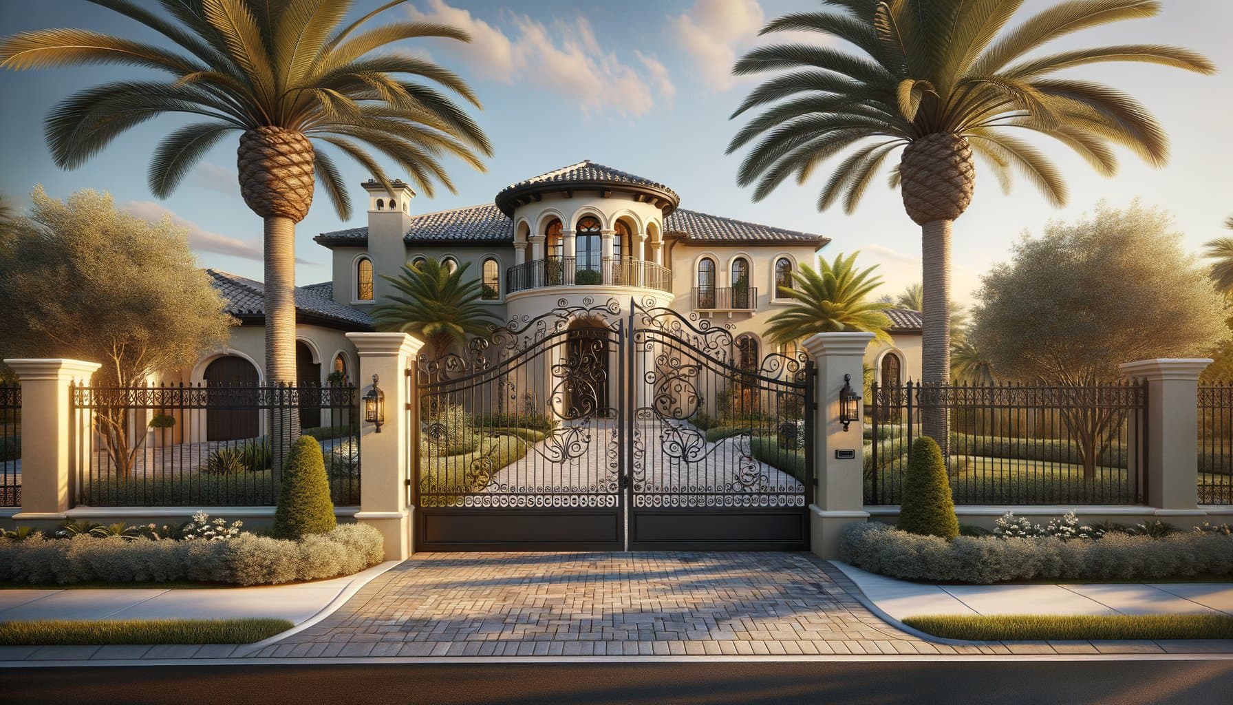 Ornamental steel estate gate at a Spanish Mediterranean revival Florida home with barrel tile roof, mature sabal palms