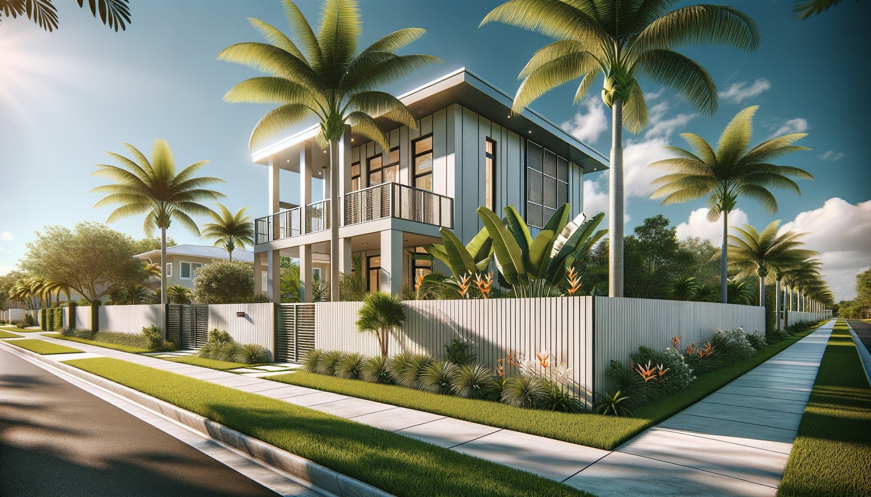 Modern horizontal cedar fence with black steel posts on a contemporary Florida coastal home, areca palms and bird of paradise