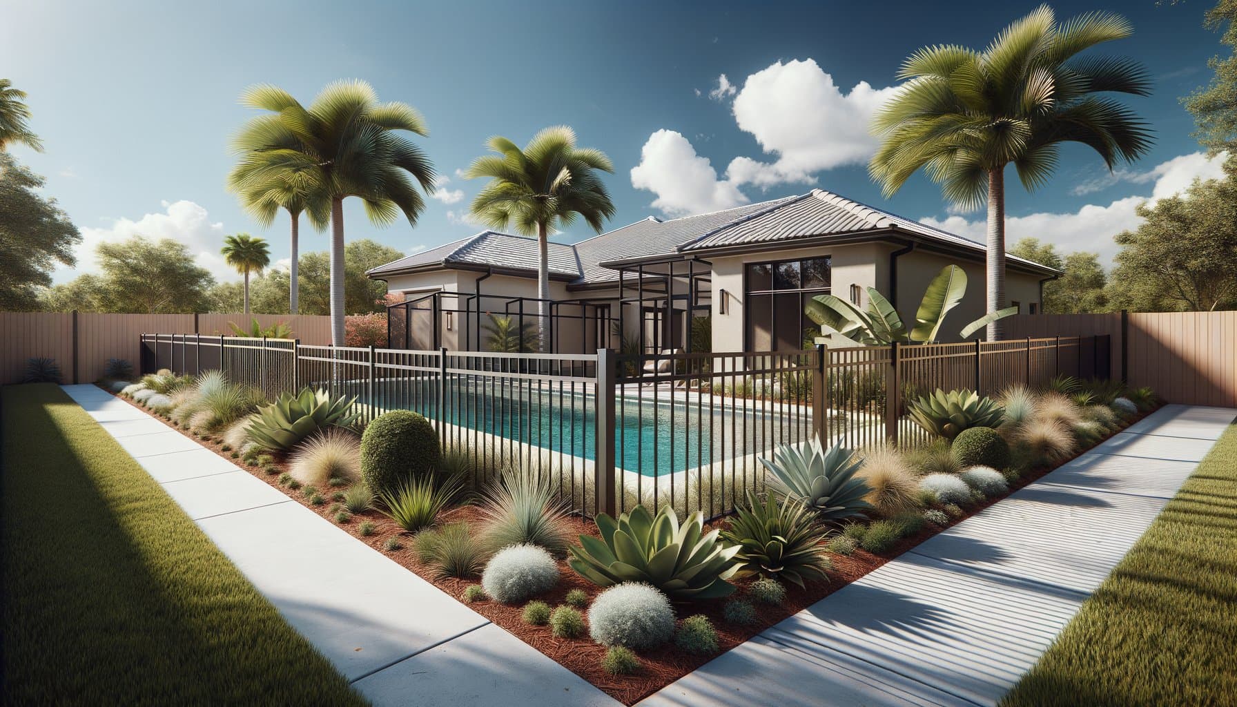 Florida pool enclosure with black aluminum pool-code fence, screened lanai cage, and production-builder stucco home