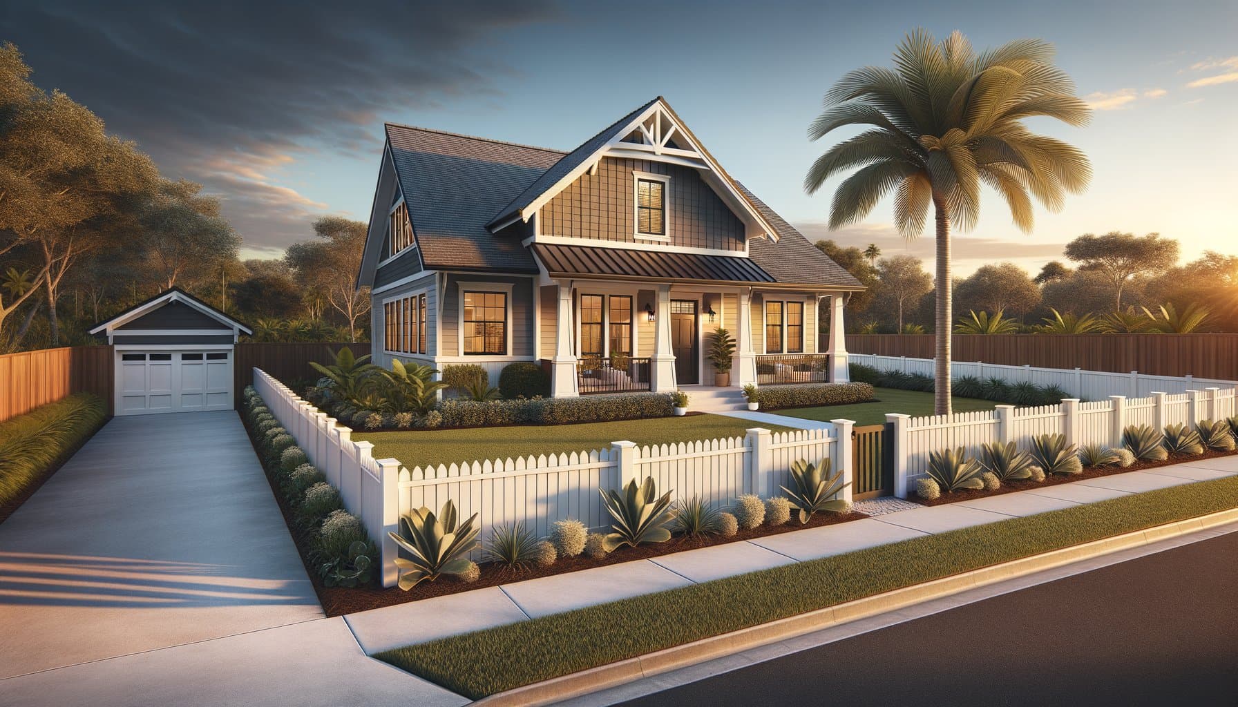 Completed Florida fence project — white vinyl privacy fence on a production-builder stucco home at golden hour, fresh St. Augustine sod