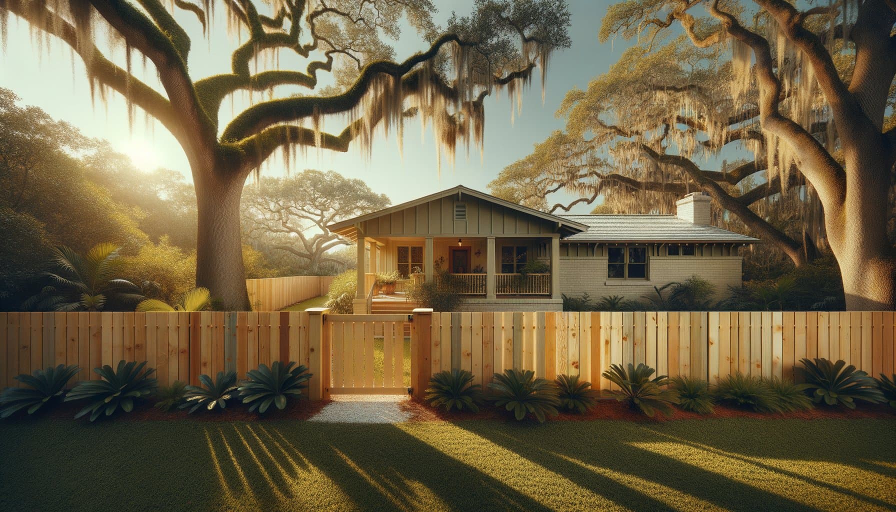 Established Florida ranch home with board-on-board pressure-treated pine fence, mature live oaks with Spanish moss