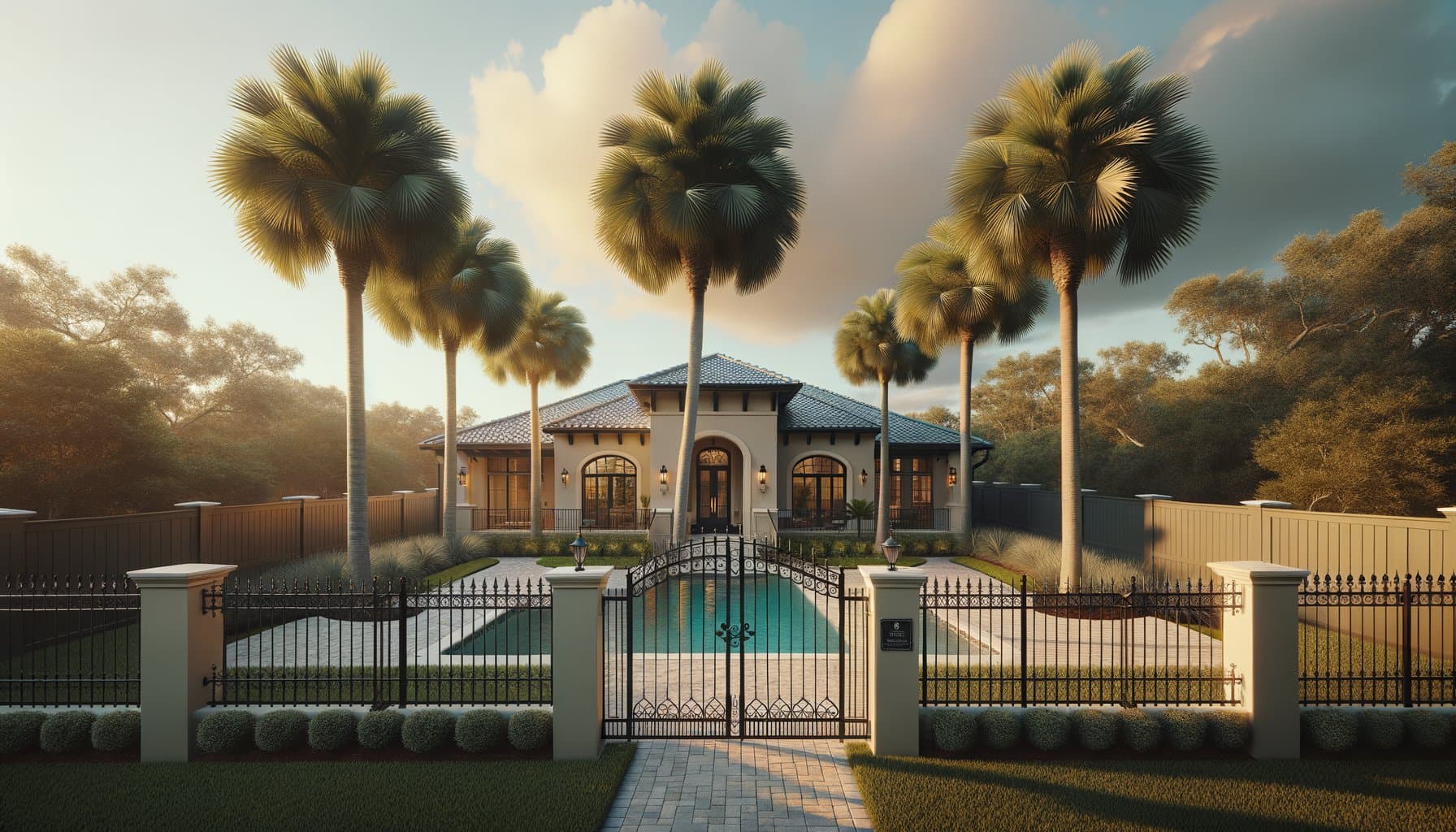 Completed aluminum pool-code fence around a screened pool enclosure on a Florida home