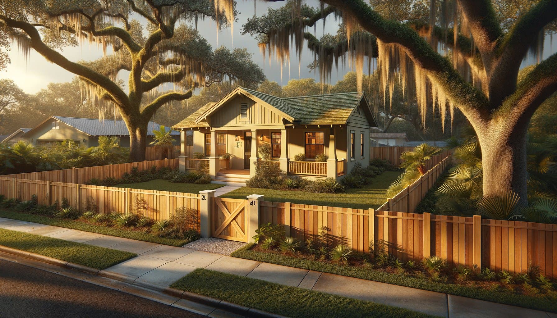 Completed cap-and-trim cedar privacy fence on an established Florida ranch home at golden hour