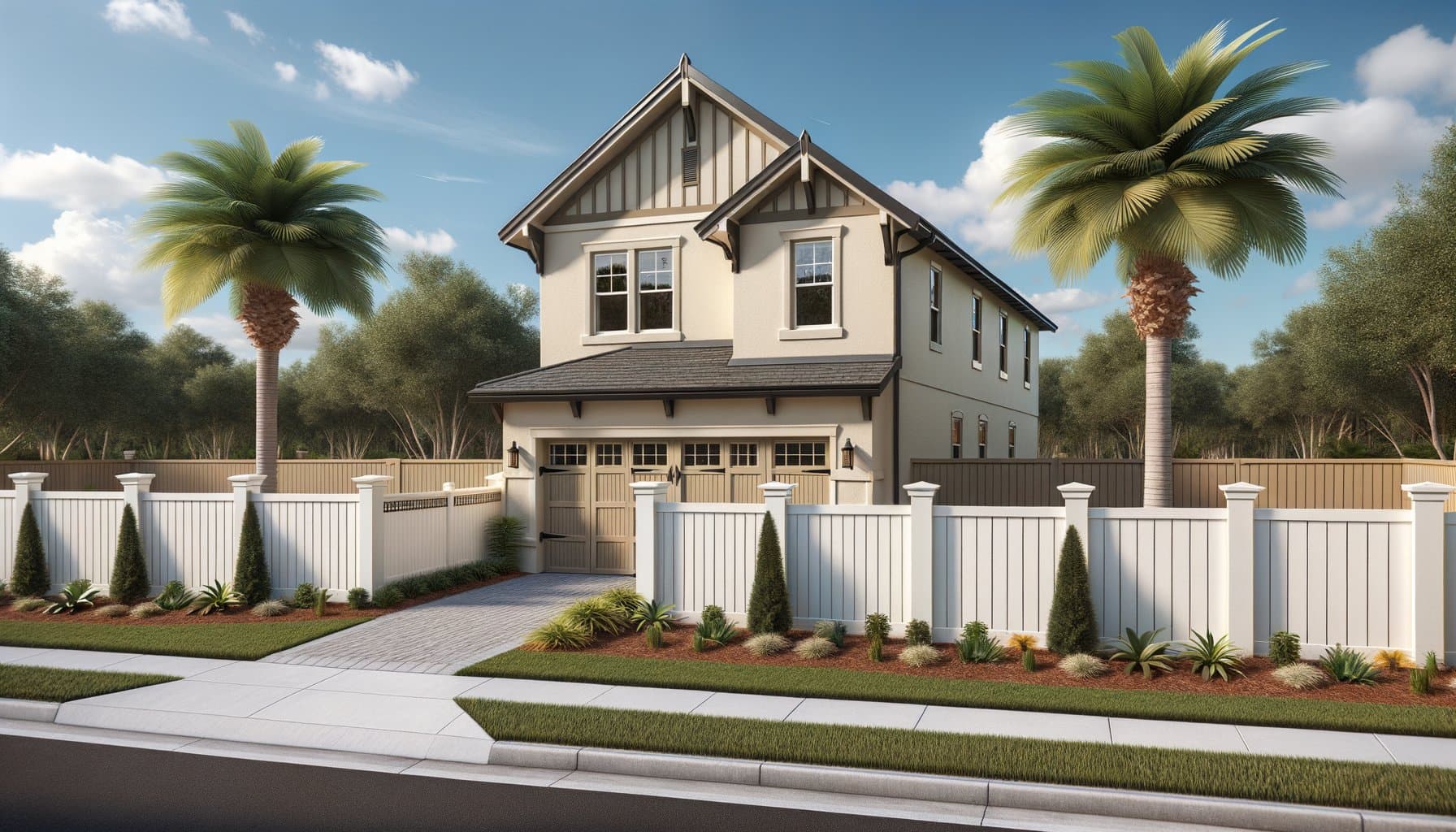 Completed white vinyl privacy fence on a new Florida home with fresh landscaping