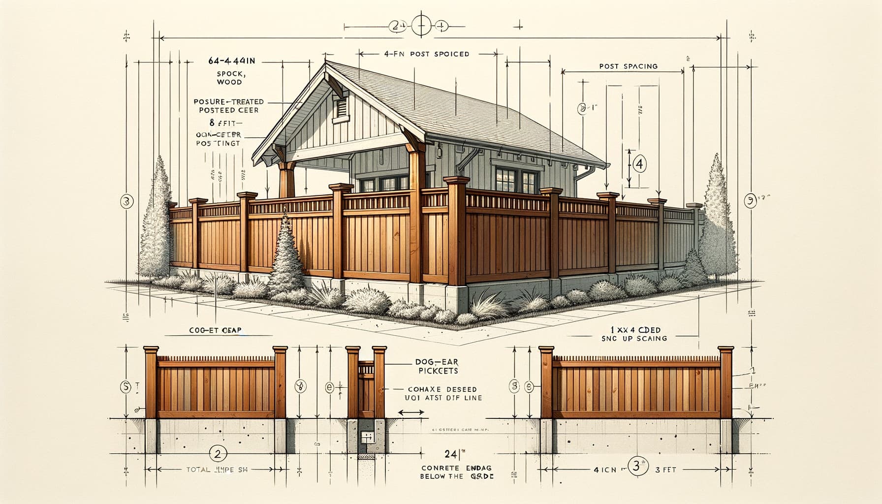 2D elevation drawing of cap-and-trim cedar privacy fence with labeled dimensions: 6ft-4in total height, 8ft post spacing, 24in embed depth, 4in picket gap