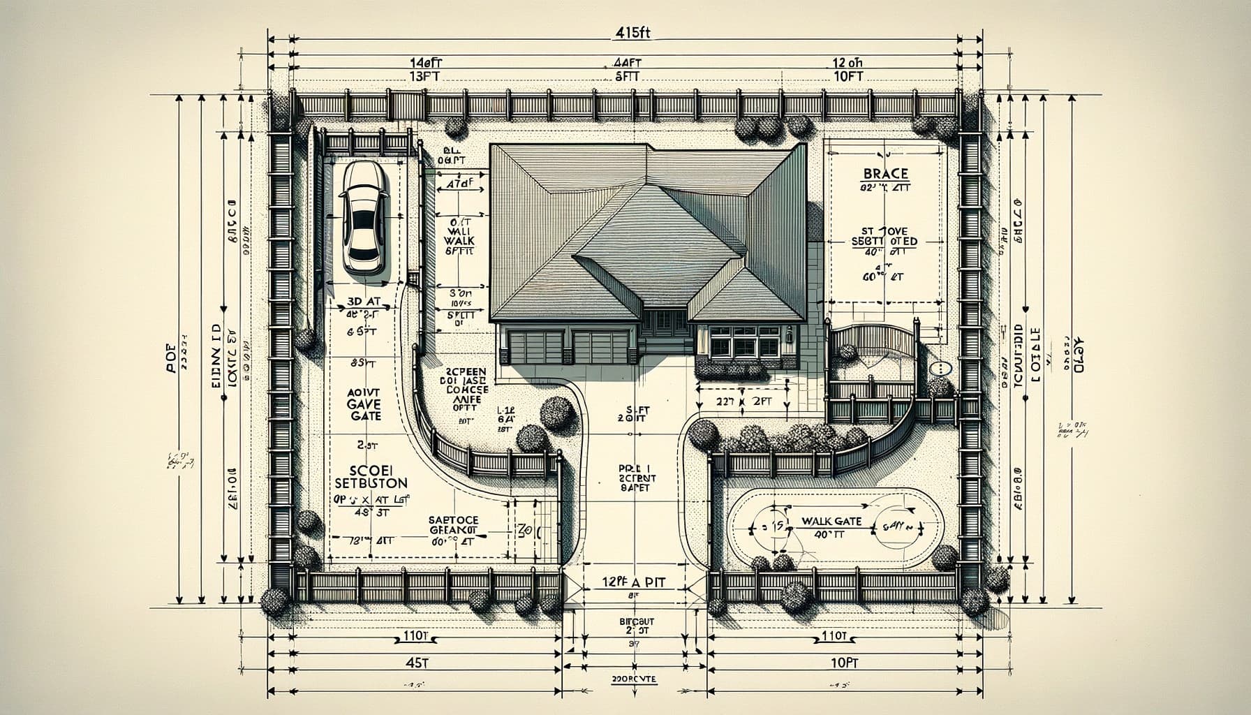Plan-view property layout showing lot boundaries, fence segments, gate positions at walk, drive, and pool locations, with labeled dimensions