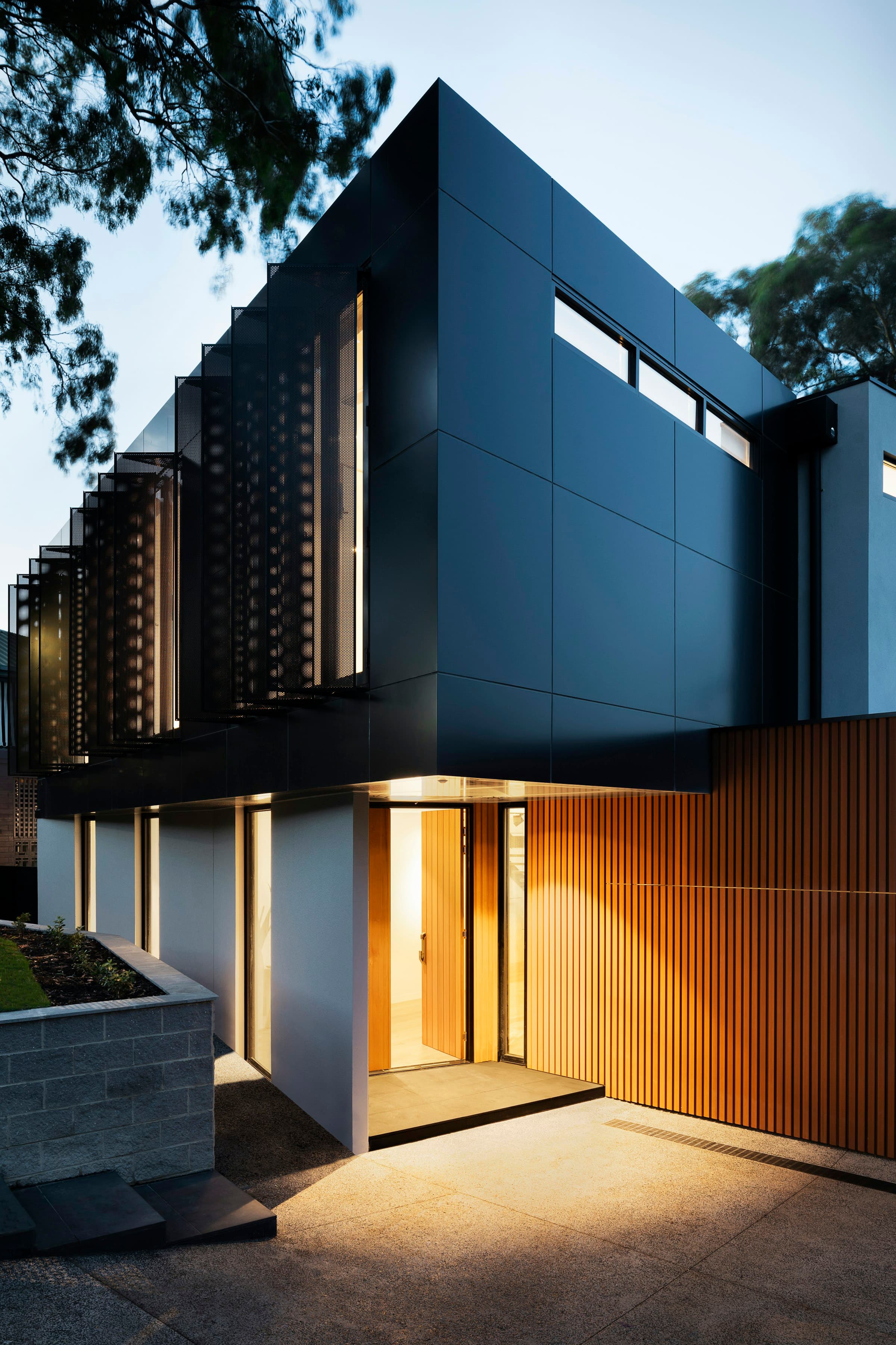 Modern home with vertical wood-slat exterior detail