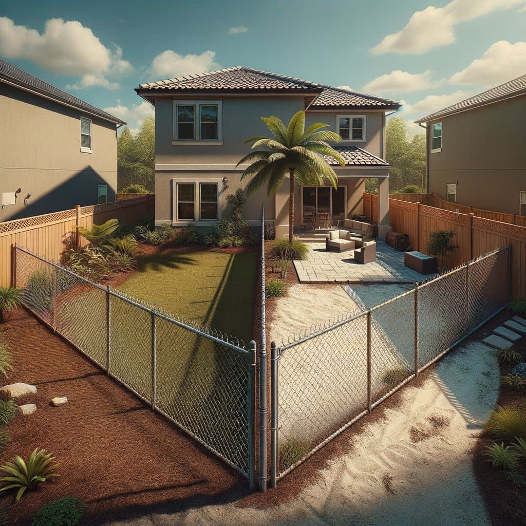 Before: Open Florida yard with old rusted chain-link fence, bare dirt patches, and no privacy