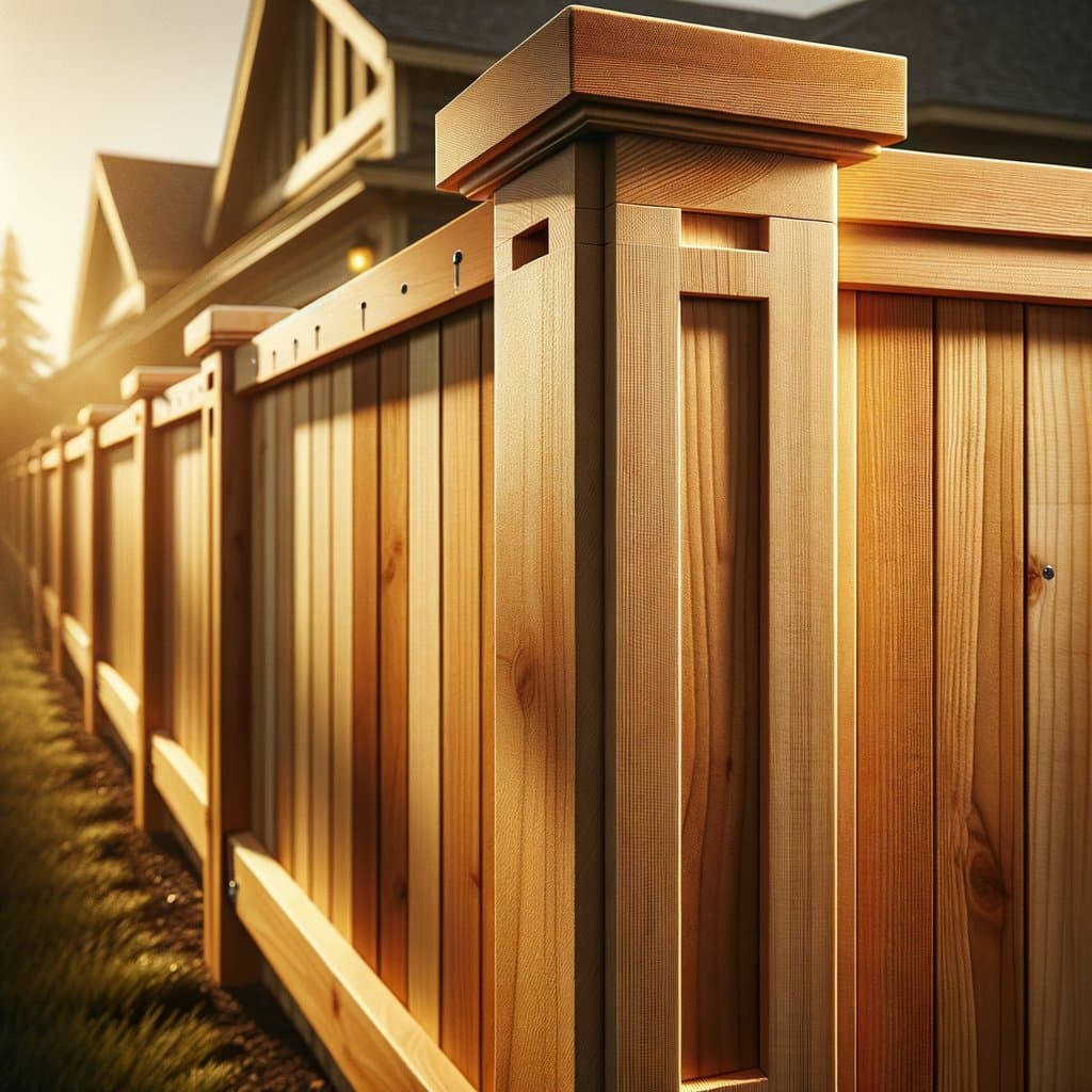Close-up detail of cap-and-trim cedar fence showing 2x6 cap board and trim rail