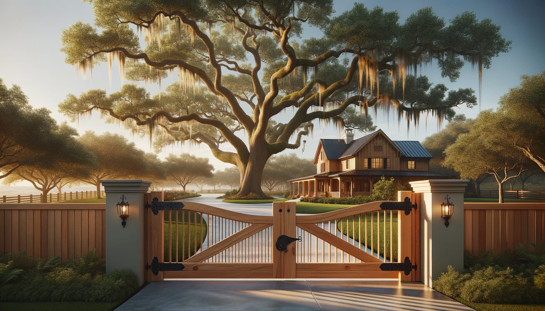 12-foot dual-leaf cedar drive gate with drop rod and strap hinges