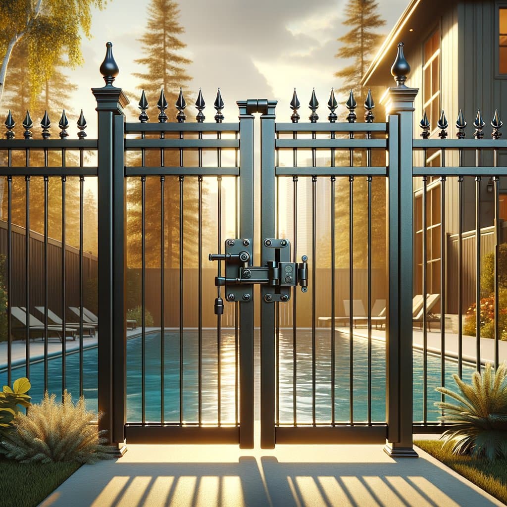 Close-up of pool-code gate with MagnaLatch Top Pull magnetic latch at 54-inch height