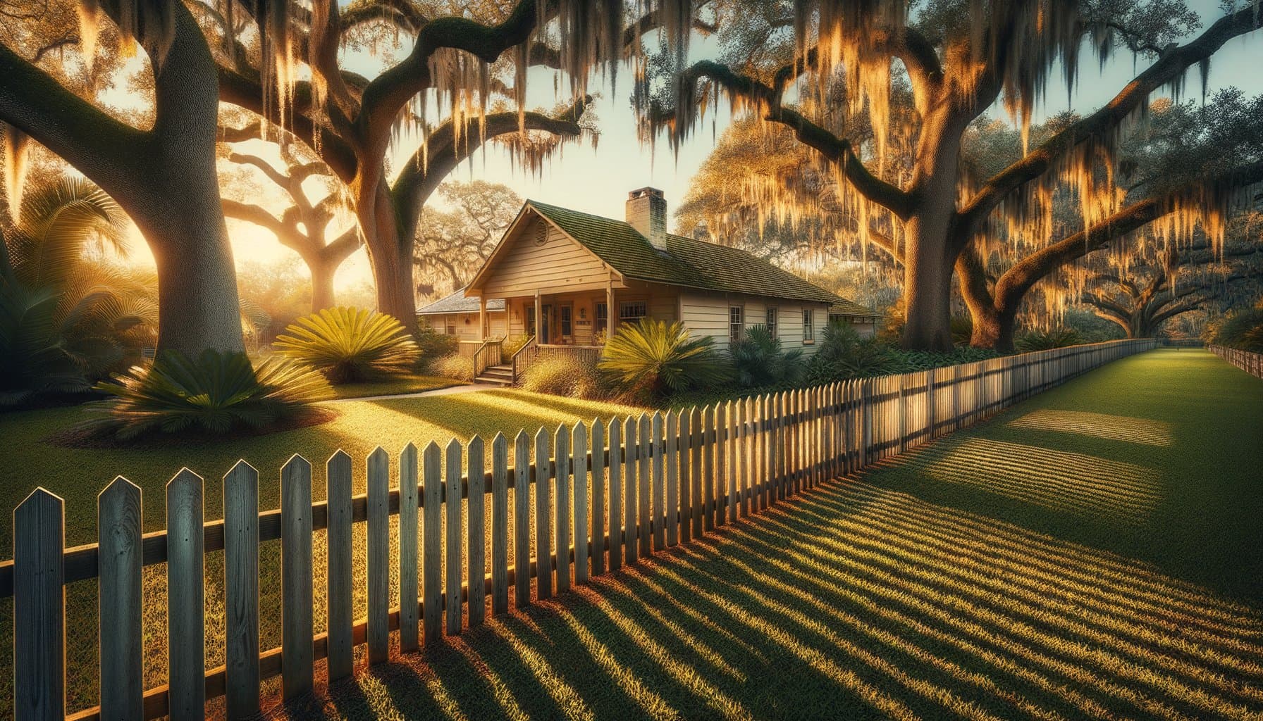 Board-on-board pressure-treated pine fence on established 1970s Florida ranch with mature live oaks