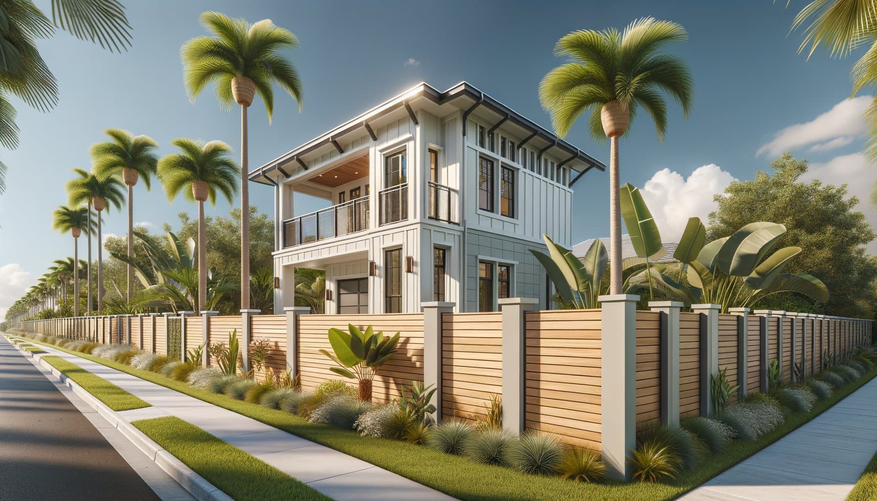 Modern horizontal cedar fence on contemporary Florida coastal home