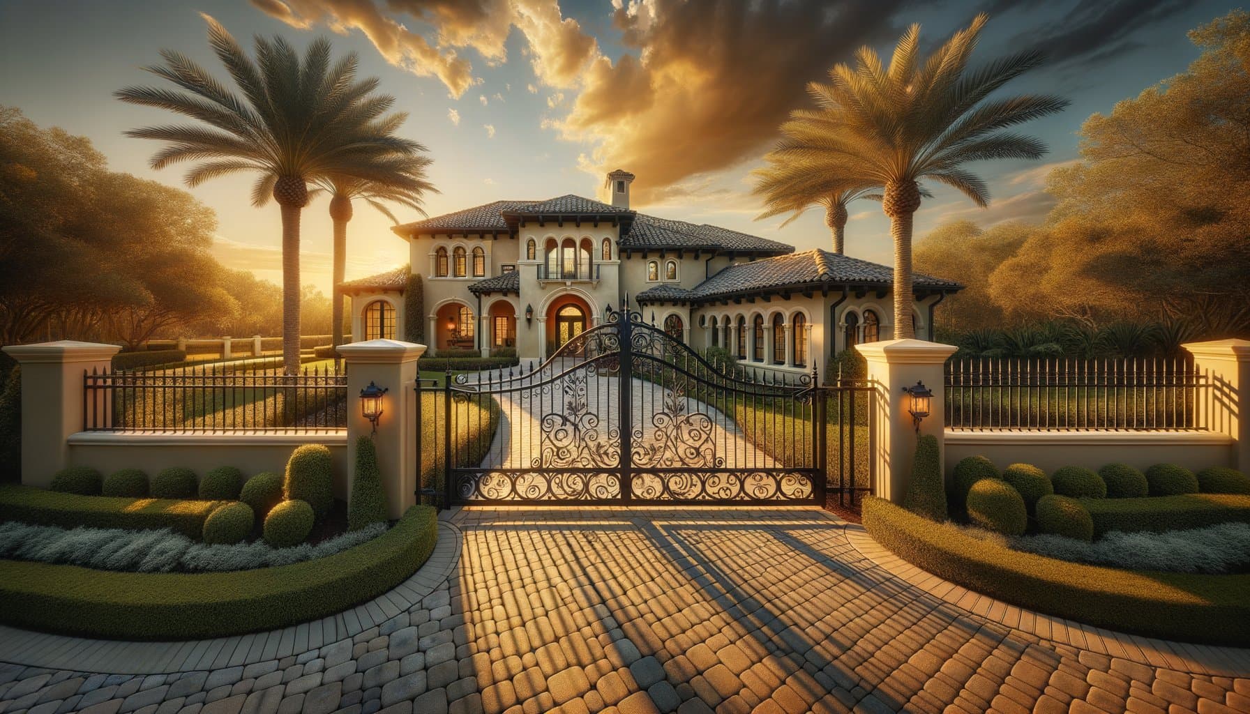 Ornamental steel estate fence and gate at a Spanish/Mediterranean revival Florida home