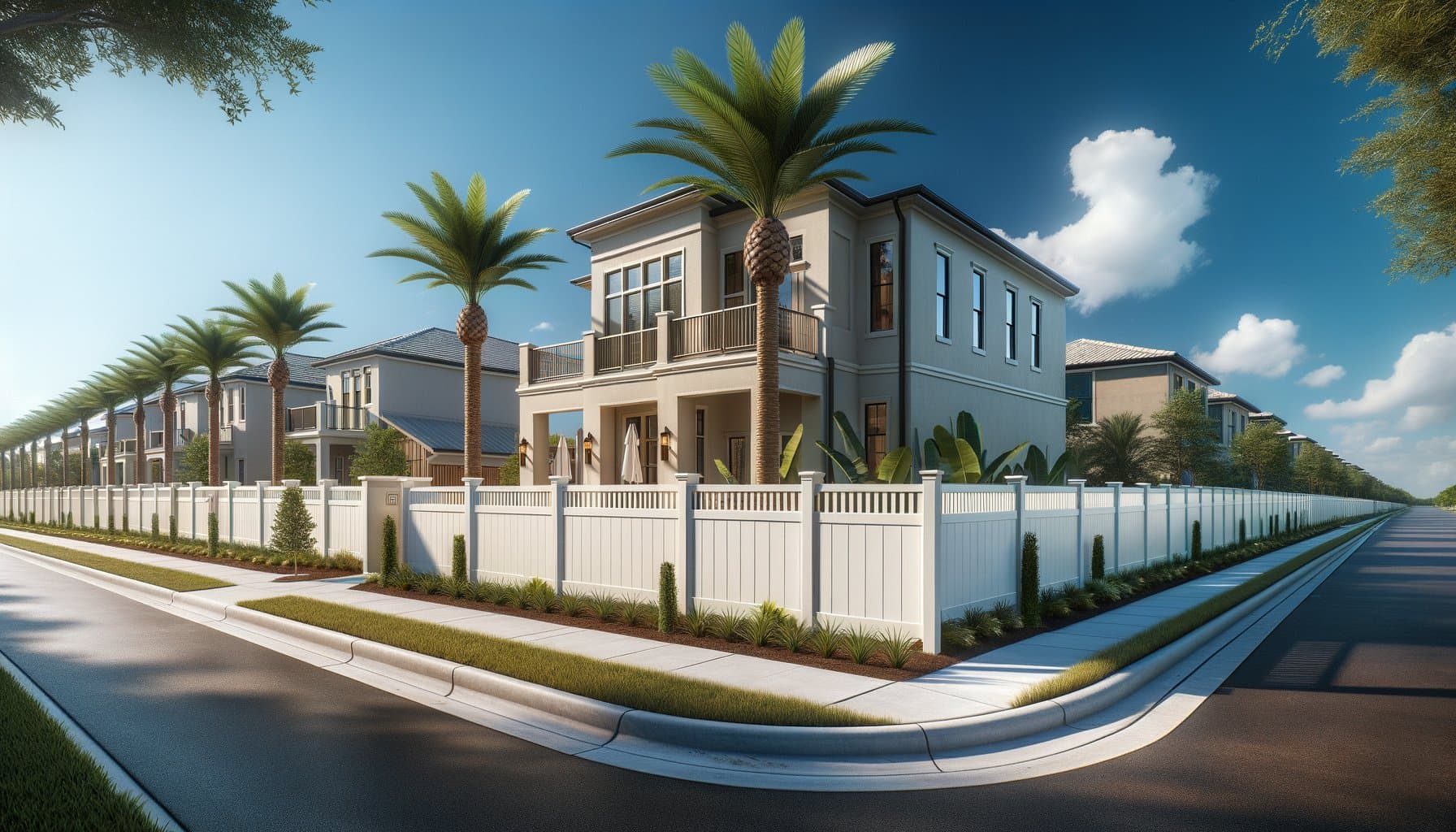White vinyl privacy fence wrapping a corner lot in a new Florida development