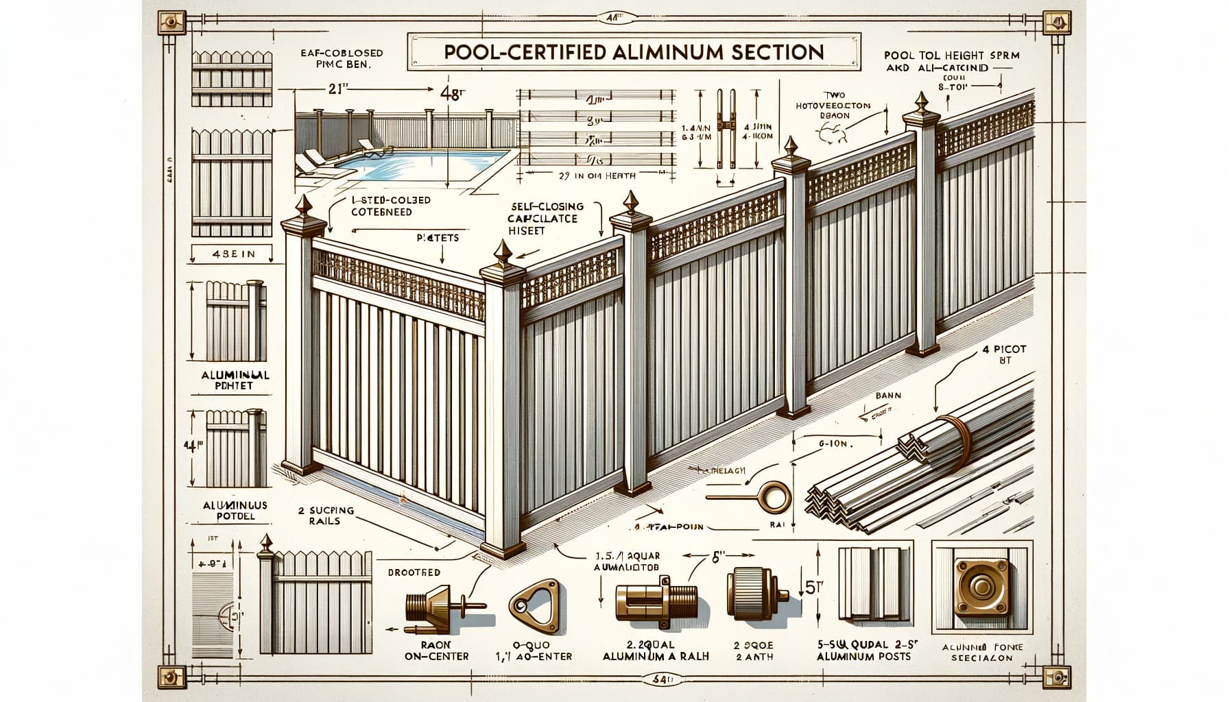 2D specification diagram of pool-code aluminum fence with labeled dimensions and gate detail